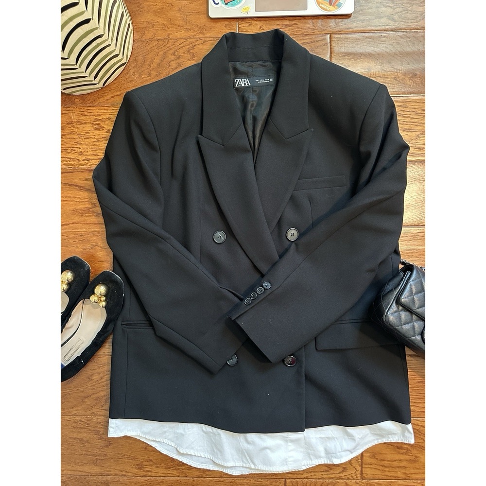 MWOT ZARA Black Double Breasted Blazer Jacket Womens Large L Layered Shirt Hem